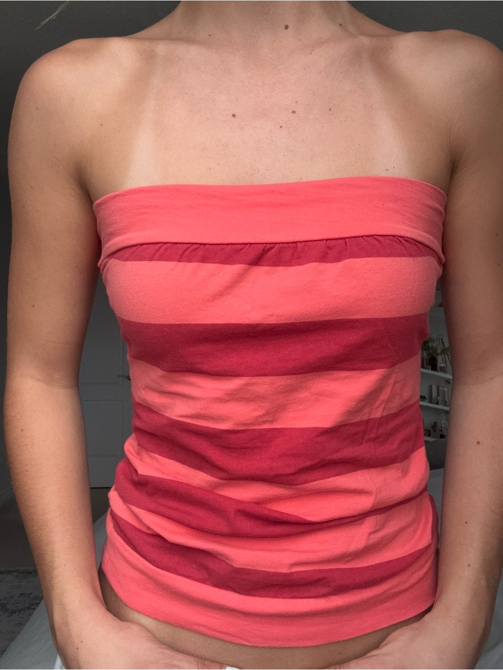 Strapless Coral & Raspberry Striped Tube top